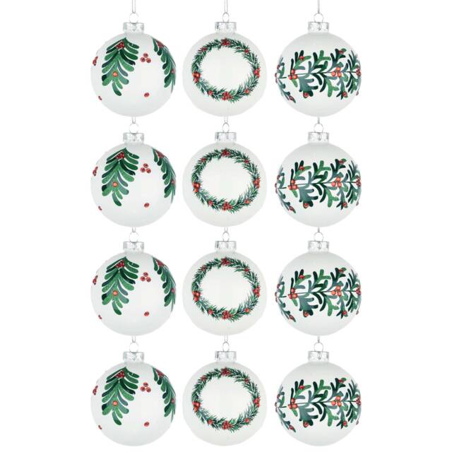 Christmas Glass Baubles 12pcs Set - 8cm White Ornaments with 3 Elegant Assorted Designs