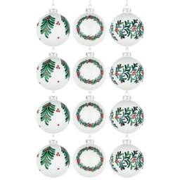 Christmas Glass Baubles 12pcs Set - 8cm White Ornaments with 3 Elegant Assorted Designs