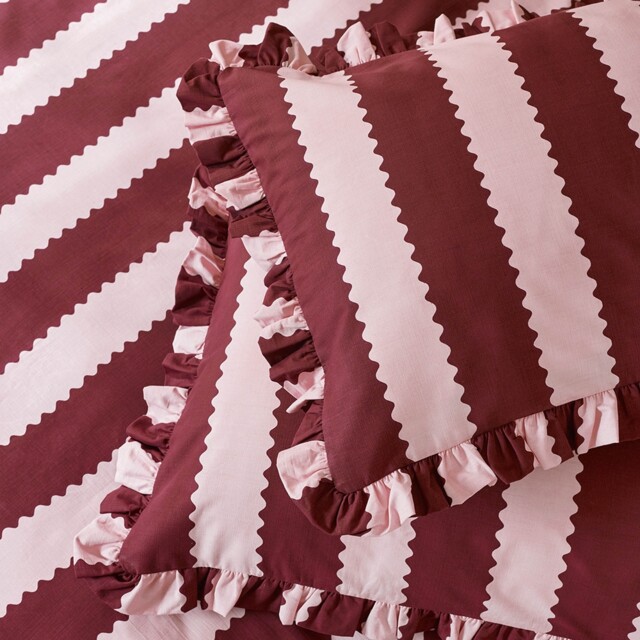 Furn Birdie Stripe Ruffle Pillowcase Pair, Burgundy/Blossom