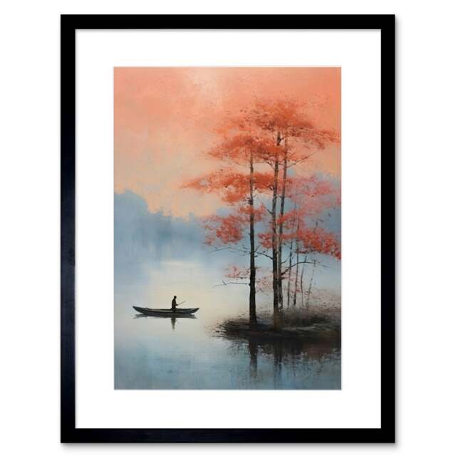 "Canoe Boat Ride Misty Lake Sunrise Landscape 9x7"" Black Framed Wall Art Print"