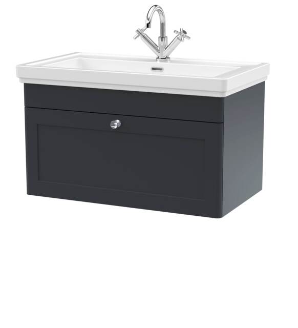 Balterley Classic Traditional Bathroom Wall Hung 1-Drawer Vanity Unit & Fireclay Basin Grey Dark Grey