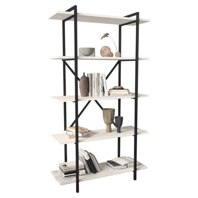 5-Tier Wooden Bookshelf With Metal Frame Living Room Storage & Display Unit Black White