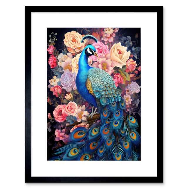 "Elegant Peacock Bird Rose Flower Vibrant Floral 9x7"" Black Framed Wall Art Print"