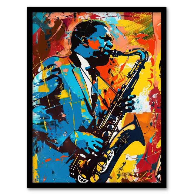 Blues Jazz Saxophone Player Vibrant Living Room Black Framed Wall Art Print A4