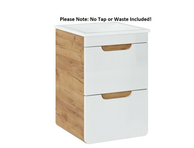 Small Bathroom Vanity with Sink Wall Hung Unit 400mm Cloakroom Cabinet with Drawers White Gloss Oak Aruba