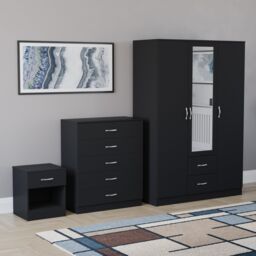 Vida Designs Riano 3 Piece Bedroom Set (1 Drawer Bedside Chest, 5 Drawer Chest, 3 Door 2 Drawer Mirrored Wardrobe) - Black