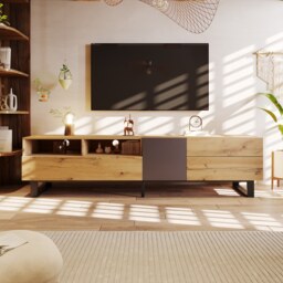 VILUXE 180 x 38 x 50cm TV Stand with 2 Drawers, Multi-Zone Cupboard Storage, Push-to-Open Hinged Door, Limit Support Rod and Iron Legs, Natural Wood and Black