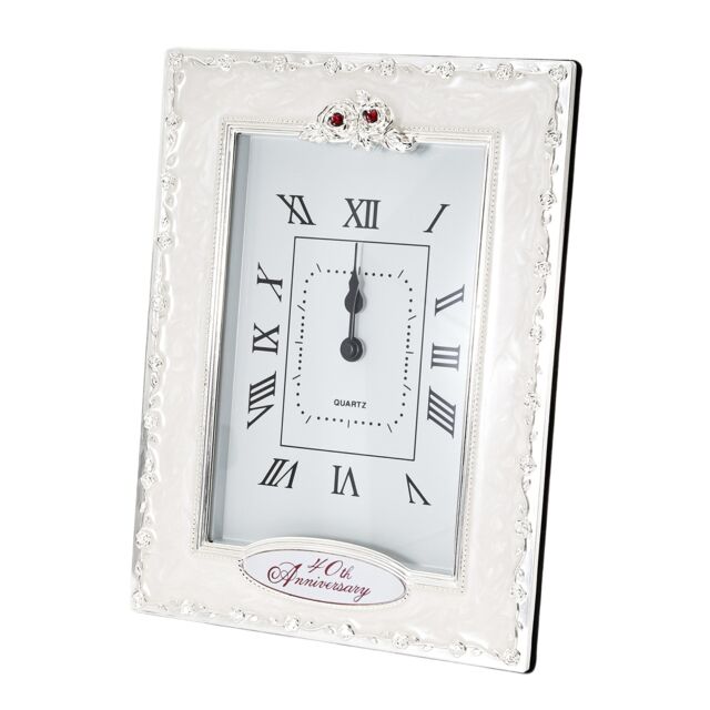 40th Anniversary Clock with Silver Plated Roses and Red Diamantes