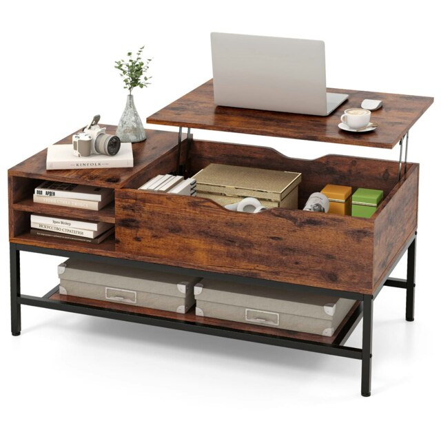 COSTWAY Lift Top Coffee Table w/ Storage Shelf Coffee Brown