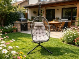 Fimous Rattan Garden Hammock Foldable Single Hanging Egg Chair Indoor Outdoor Patio Furniture with Grey Cushion