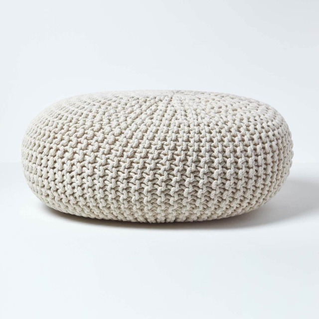 Homescapes Natural Large Round Cotton Knitted Pouffe Footstool Cream 70 x 23 cm