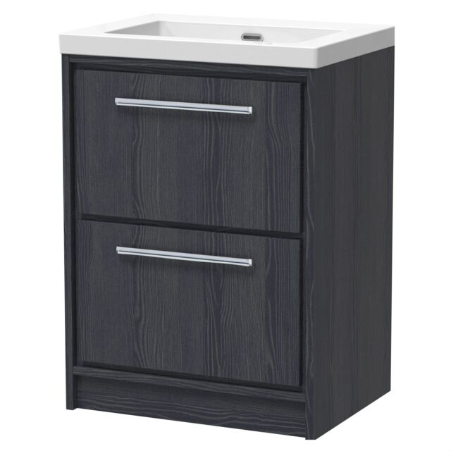 Balterley Longnor 2 Drawer Floor Standing Vanity Unit with 1 Tap Hole Modern Fireclay Basin, Woodgrain Graphite Grey, 600mm