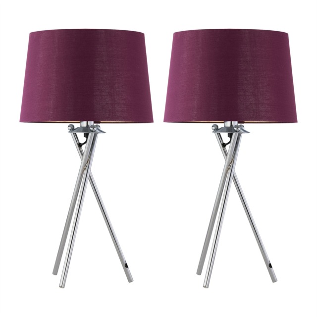 Set of 2 Tripod - Chrome Lamp with Burgundy & Gold Fabric Shades