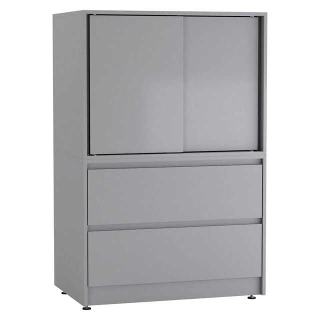 2 Drawer Storage Cabinet w/ 2 Sliding Doors - H120xW80xD51.5cm Grey 12 x 87.5 x 57.5 1