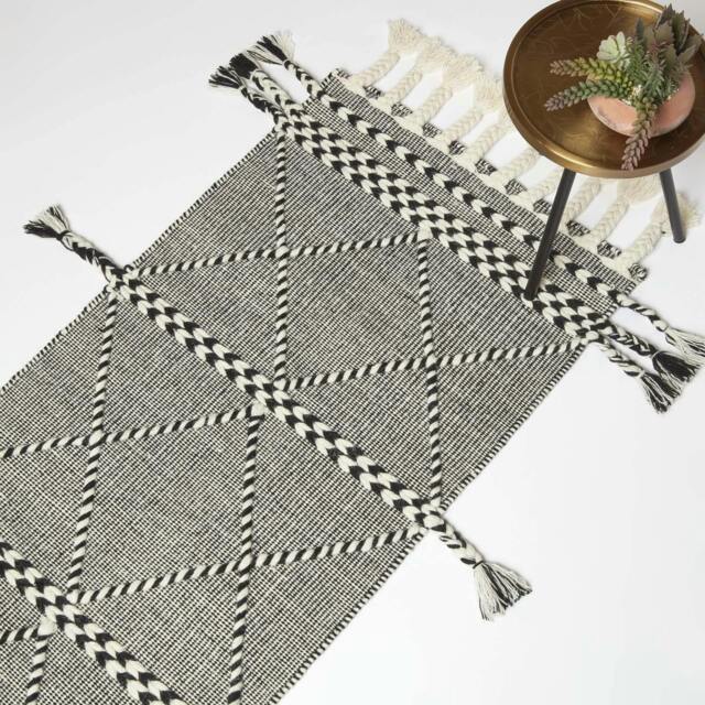Homescapes Edessa Black and White Kilim Runner Wool Rug - 66 x 200 cm Black Black and Natural
