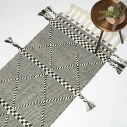 Homescapes Edessa Black and White Kilim Runner Wool Rug - 66 x 200 cm Black Black and Natural
