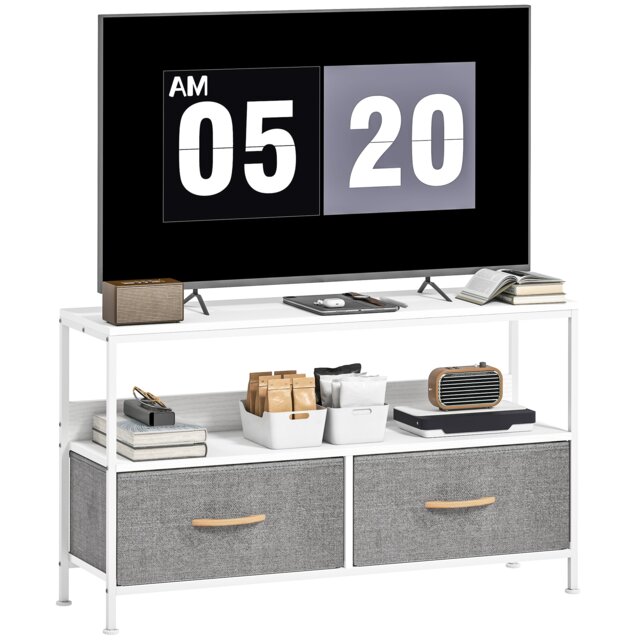HOMCOM TV Cabinet, TV Console Unit with 2 Foldable Linen Drawers White White 1