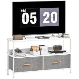 HOMCOM TV Cabinet, TV Console Unit with 2 Foldable Linen Drawers White
