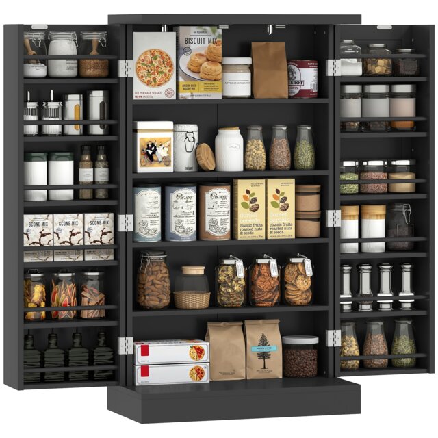 HOMCOM Kitchen Cupboard, 104cm Freestanding Pantry Cabinet, Kitchen Storage Organiser with Double Doors, 5 Tiers, 12 Spice Racks and Adjustable Shelves, Black
