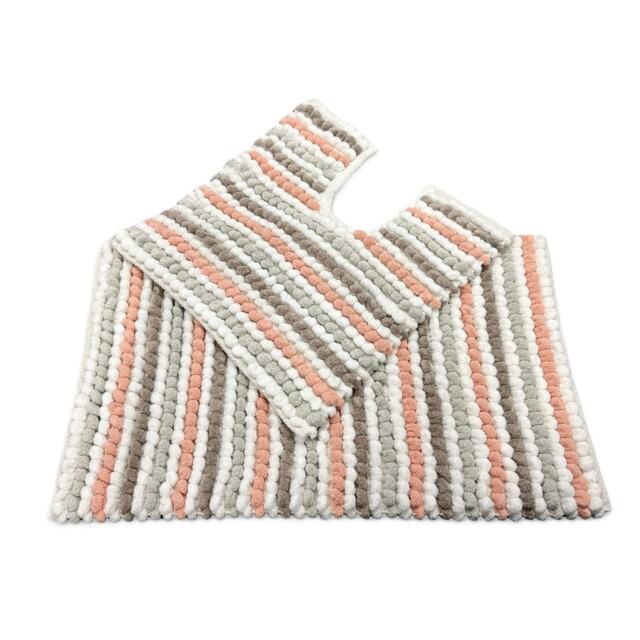 Striped Chunky Bobble Bath Mat and Toilet Mat Set Pink Blush