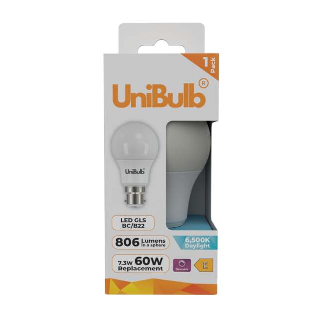 UniBulb LED GLS B22 Bayonet Cap (BC) 806lm 7.3W (Replaces 60W) 6500K (Daylight) Dimmable Light Bulb - Pack of 1