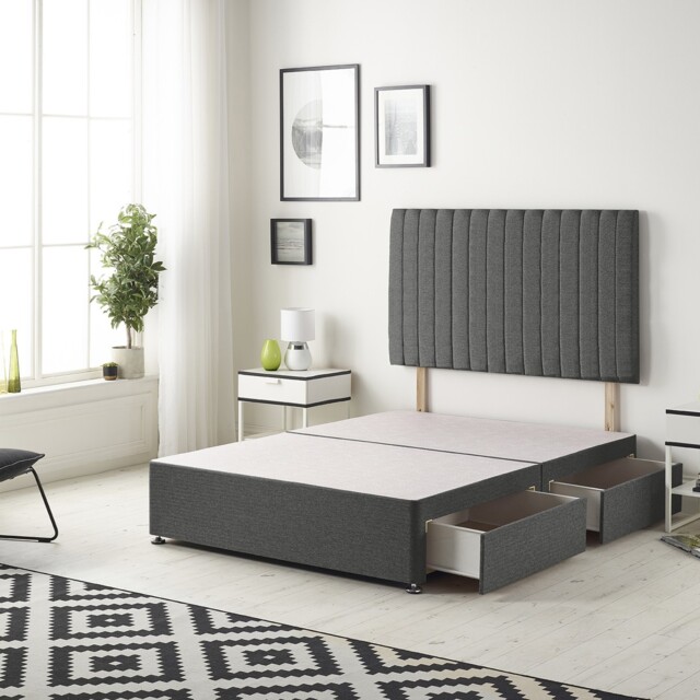 Texas Divan Bed Base with 2 Drawers & 30 Inch Headboard Tweed Fabric Grey Charcoal