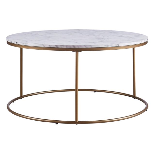 Teamson Home Marmo Large Round Coffee Table, Marble Side Table, Modern Sofa End Table for Living Room, Bedroom or Lounge, White/Brass