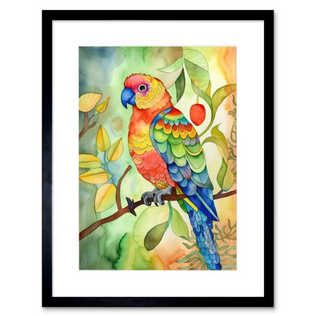 "Parrot Bird Tree Branch Folk Art Watercolour Painting 9x7"" Black Framed Wall Art Print"