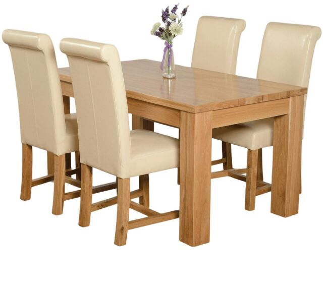 Dakota 152 x 87cm Medium Oak Dining Table and 4 Washington Leather Chairs Cream Cream