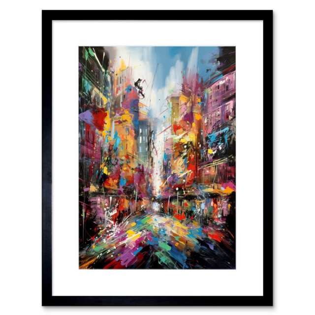 "Abstract City Street Modern Vibrant Cityscape 9x7"" Black Framed Wall Art Print"