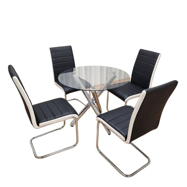 Round Chrome Metal and Clear Glass Dining Table and 4 Stylish Black White Faux Leather Dining Chairs Set