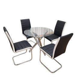 Round Chrome Metal and Clear Glass Dining Table and 4 Stylish Black White Faux Leather Dining Chairs Set