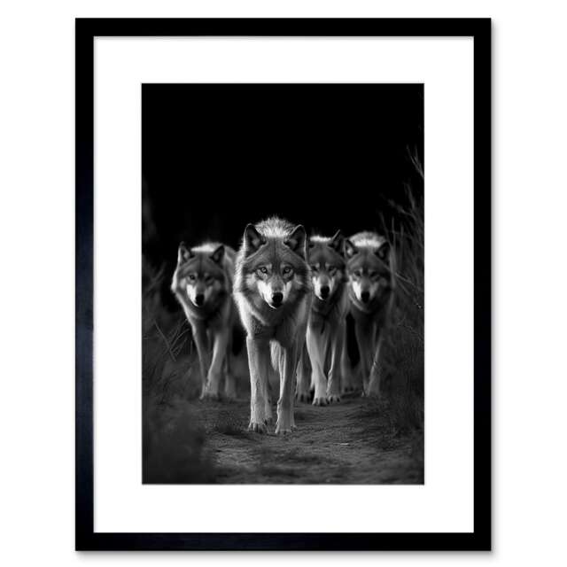 "A Pack of Wolves Wild Animal Black White 9x7"" Black Framed Wall Art Print"