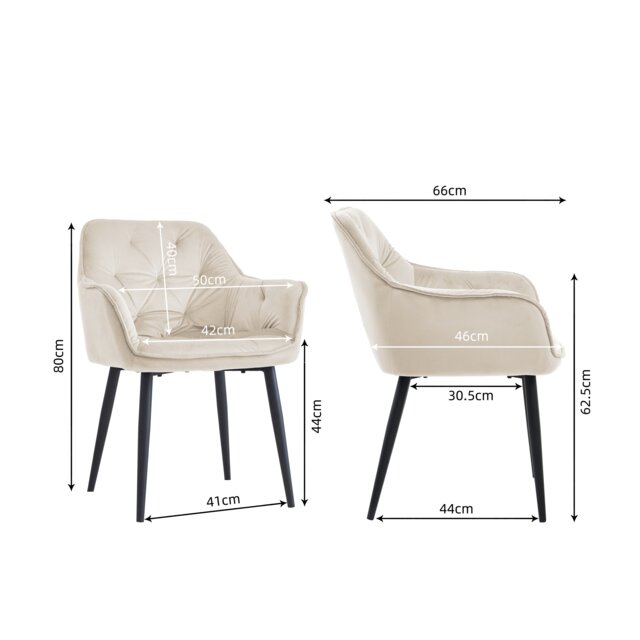 Groundlevel Set of 2 Soft Velvet Upholstered Dining Chairs Metal Legs Kitchen Home Office Cream Cream