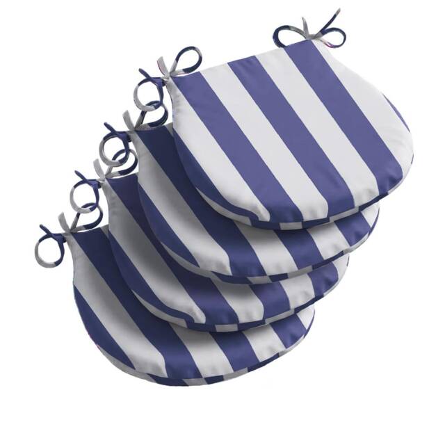 Wide Striped Outdoor D Shaped Seat Pad Blue Set of 4
