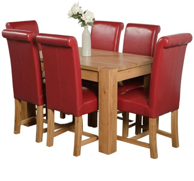 Kuba 125x80cm Chunky Oak Small Dining Table and 6 Washington Leather Chairs Red Red