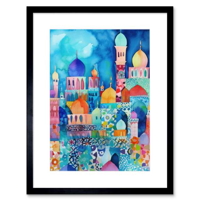 "Morocco Cityscape Moonlight Folk Art 9x7"" Black Framed Wall Art Print"