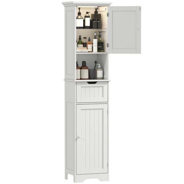 HOMCOM Tall Bathroom Cabinet, Freestanding Slim Bathroom Storage Cabinet with LED Light, Adjustable Shelf, Open Compartment and Drawer, Modern Narrow Storage Cupboard, 40 x 30 x 170 cm, White