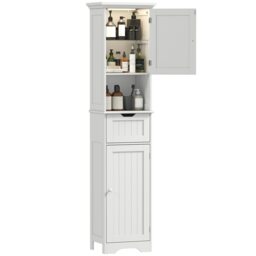 HOMCOM Tall Bathroom Cabinet, Freestanding Slim Bathroom Storage Cabinet with LED Light, Adjustable Shelf, Open Compartment and Drawer, Modern Narrow Storage Cupboard, 40 x 30 x 170 cm, White