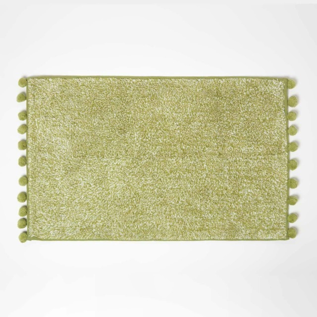 Homescapes Tufted Sage Green Cotton Bath Mat with Pom Pom Edges - 50 x 80 cm Green