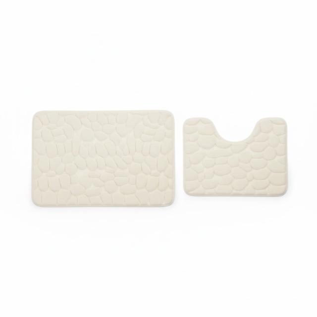 2 Piece Pebble Design Memory Foam Bath Mat Set Soft Absorbent Non-Slip Bathroom Cream