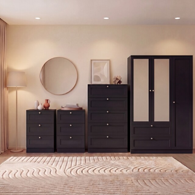 Vida Designs Altino 4 Piece Bedroom Set (2x 3 Drawer Bedside, 5 Drawer Chest, 3 Door 2 Drawer Wardrobe), Black