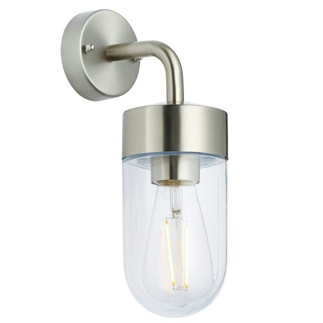 North 1 Light Outdoor Wall Light Brushed Stainless Steel & Clear Glass IP44, E27