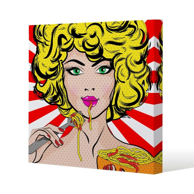 Pop Art Young woman Eating Spaghetti (Canvas Print) Cream