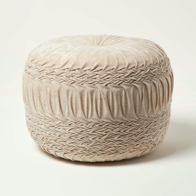 Homescapes Sofia Pleated Velvet Cream Pouffe