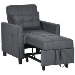 HOMCOM Compact Single Chair Bed, Pull Out Bed, Convertible Sleeper Chair with Adjustable Backrest, Pillow, Side Pockets for Home Office, Bedroom, Living Room, Grey