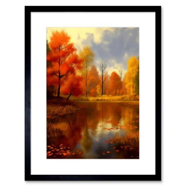 "Autumn Steroids Trees by Lake Landscape Warm 9x7"" Black Framed Wall Art Print"
