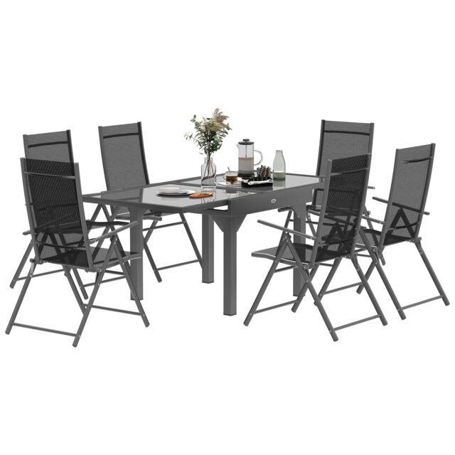 Outsunny 7 Piece Outdoor Dining Set w/ Extendable Table and 6 Folding Chairs Black 1