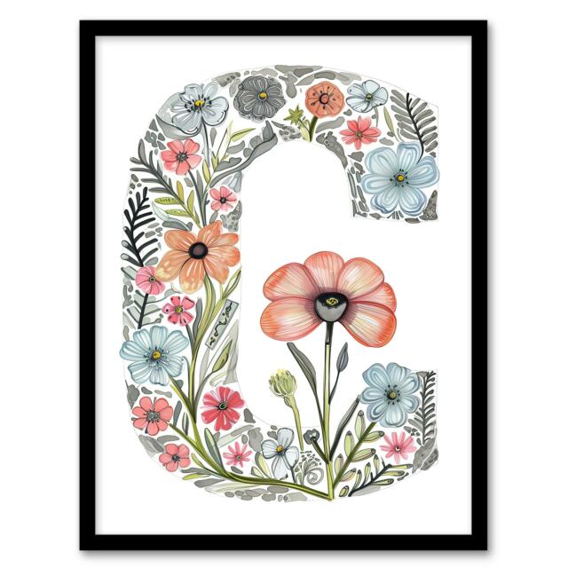 Letter C in Flowers Poppy Birthday Gift Mum Black Framed Wall Art Print A4