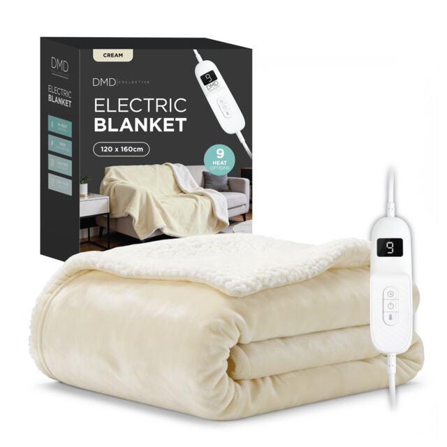 DMD Heated Electric Throw Blanket, Fleece Sherpa, 9 Heat Settings & Timer, 120 x 160cm